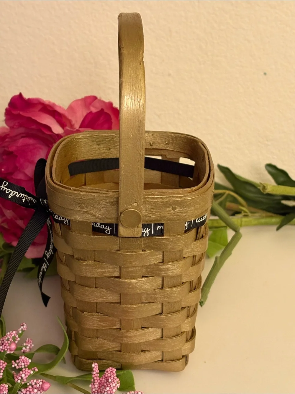 Vintage Longaberger 1998 Basket Painted Metallic Gold with Ribbon Detail